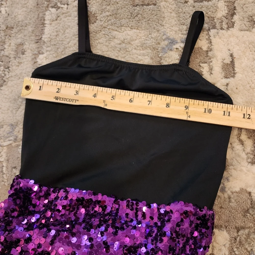 Weissman kids dance costume. Black‎ purple sequin. Size MC (10/12)